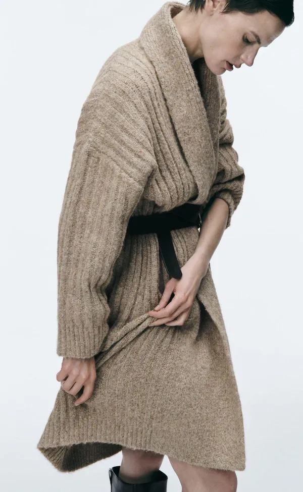 ZARA Tan Ribbed Knit Long Coat Cardigan Jacket - Image 6