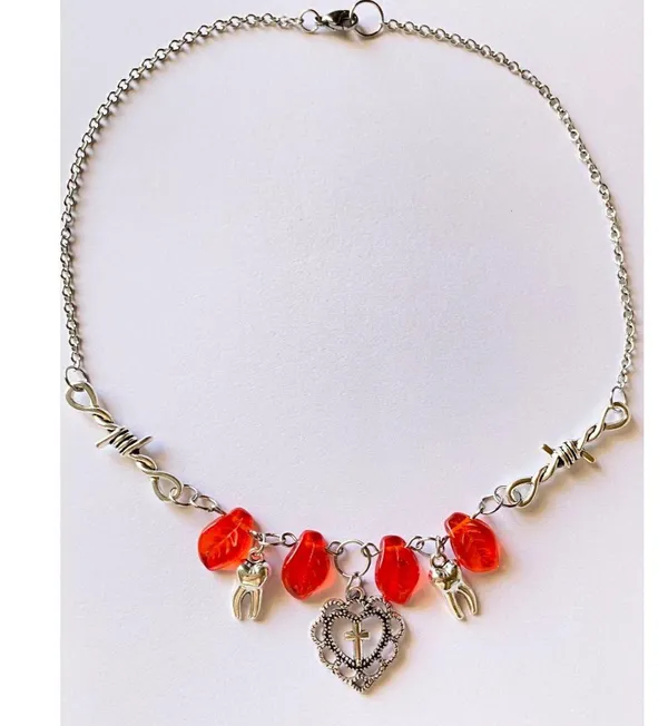 goth punk grunge style heart cross & teeth& red Czech glass leaf necklace💀🌹✝️🦷 - Image 3