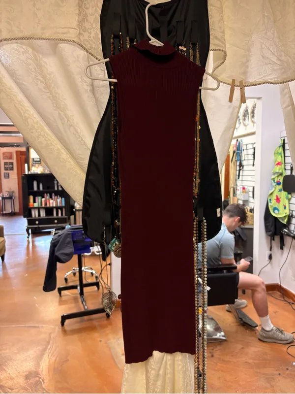 Shinestar Sleeveless Turtleneck Ribbed Midi Dress - Burgundy - Image 2