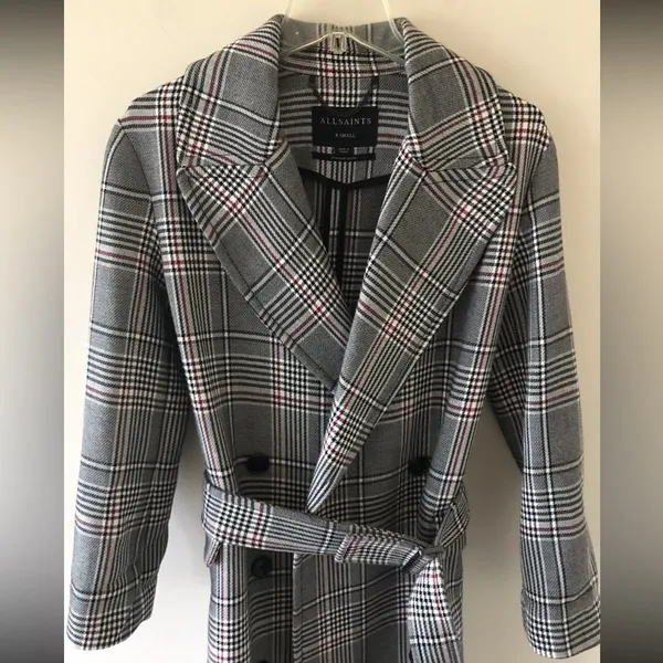 All Saints Tyla Check Plaid Wool Blend Belted Long Trench Coat - Image 7