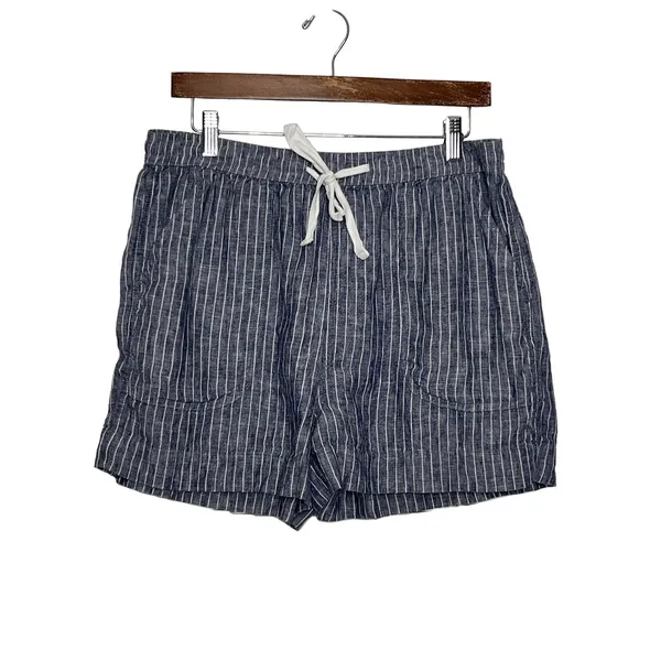 Quince Drawstring Shorts Large Blue White Striped 100% Linen Pull-On Pockets - Image 2