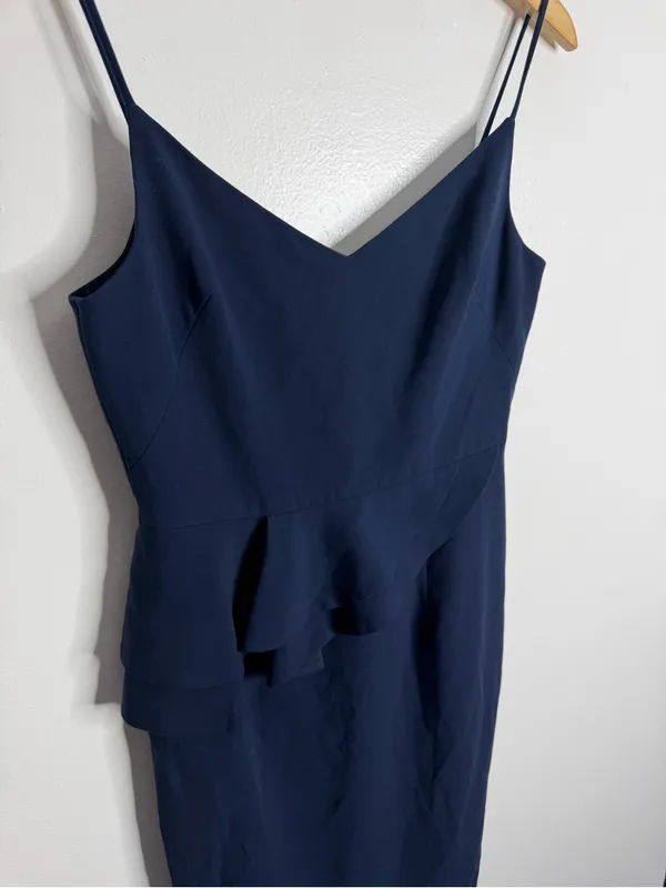 Black Halo Navy Peplum Sheath Dress V Neck Ruffle Cocktail Wedding Guest Size 8 - Image 6
