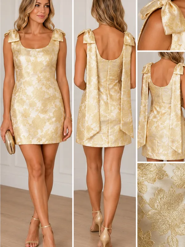 NWT Sugarlips Duson Gold Floral Jacquard Bow Sash Mini Dress L - Image 2