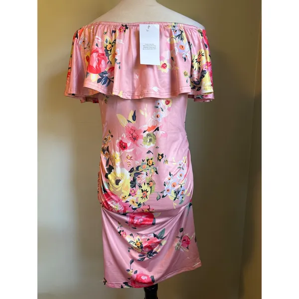 Pink Floral Off Shoulder Ruffle Ruched Bodycon Dress M boho Y2K whimsi dainty re - Image 4