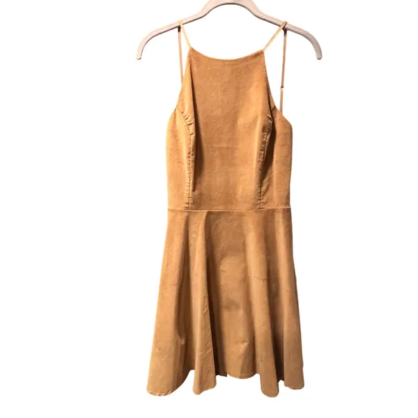 Blush Camel Stretch Corduroy Halter Skater Mini Dress Tan Ribbed Fit Flare L - Image 2