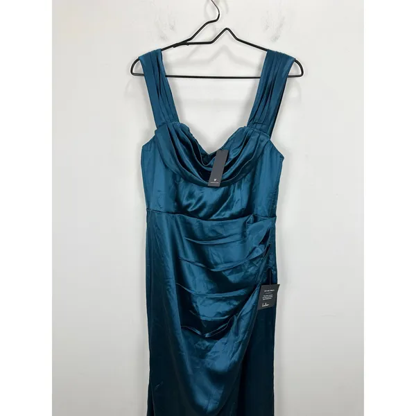 Lulus Stunning Arrival Dark Teal Satin Off The Shoulder Maxi Dress Formal XL NWT - Image 7