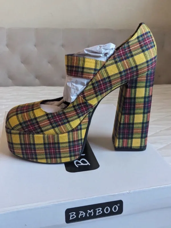 Bamboo Yellow Plaid Platform Mary Jane Chunky Block Heel Tartan Plaid Retro 90s - Image 3