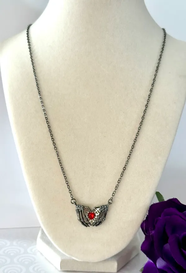 Skeleton Hand Heart Necklace (474) Silver - Image 2