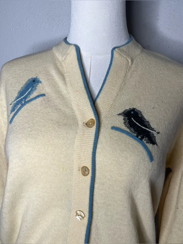 60s Vintage Wool Angora Butter Yellow Blue Bird Knit Cardigan Cottagecore Twee - Image 3
