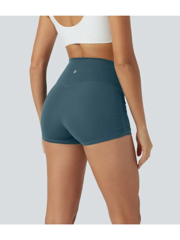Halara SoftlyZero QuickDry High Waisted Tummy Control Ruched Biker Shorts Blue L - Image 2