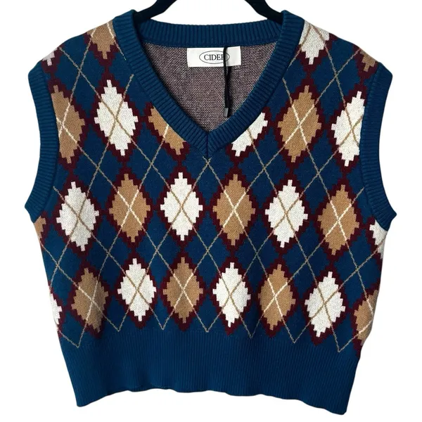 NWOT Cider Sweater Vest Blue Argyle Print‎ Academia Preppy Old Money S/M - Image 2