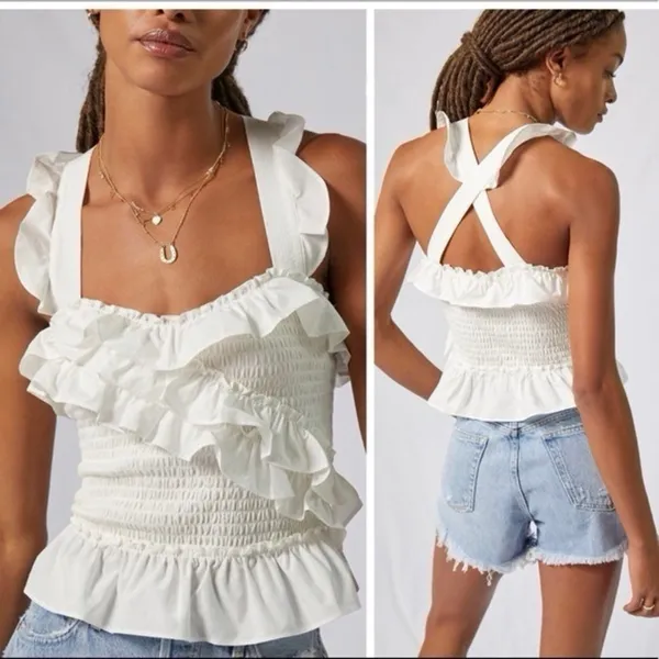 Maeve Anthropologie Smocked Ruffle Tank Ivory/White Size Small - Image 2