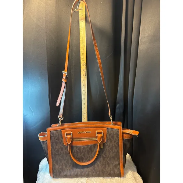 Michael Kors Signature Logo Satchel Brown Leather Trim Crossbody Bag - Image 5