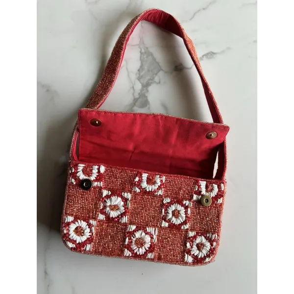 Anthropologie Fiona Beaded Shoulder Bag Red White Checkerboard Floral Flap Purse - Image 11