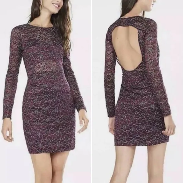 Express Plum Lace Long-Sleeve Open-Back Mini Dress - Image 2