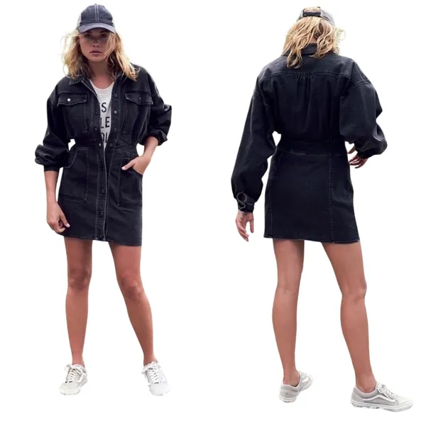 Vintage Free People Black Denim Mini Dress Medium - Image 2