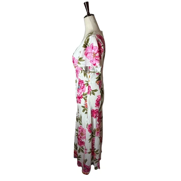 White Closet Maxi Dress Women Medium White Pink Linen Floral Boho Cottagecore - Image 6