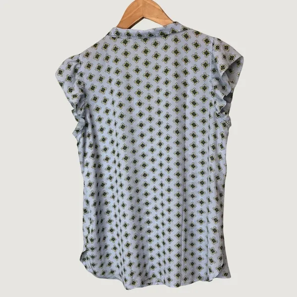 LOFT Womens Blue Geometric Medallion Ruffle Cap Sleeve Tie V-Neck Blouse Size M - Image 3