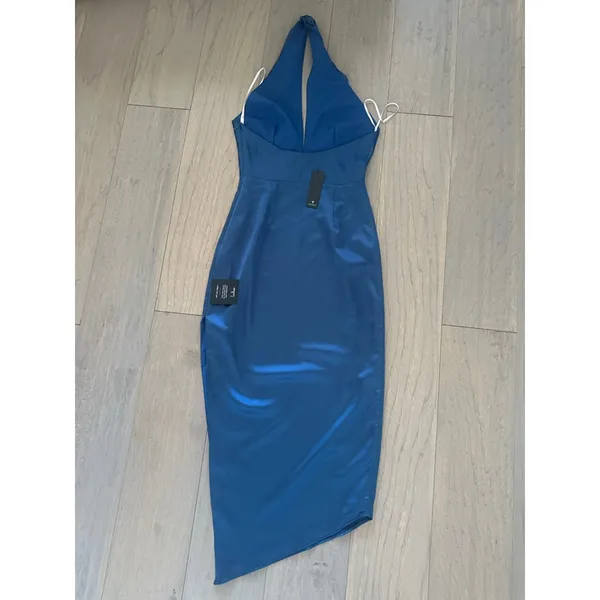 Lulus Blue Satin Halter Asymmetrical Midi Dress Size S - Image 8
