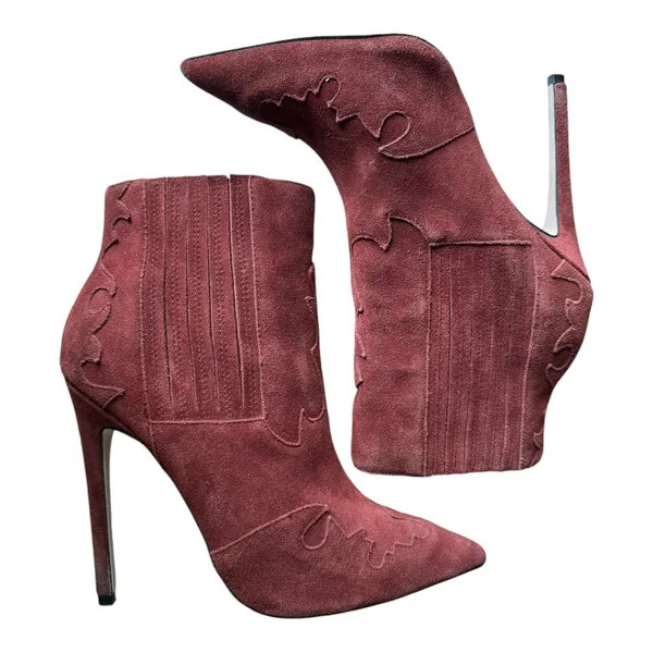Burgundy suede pointed toe stiletto ankle boots with cowgirl design ASOS size 6 - Image 7