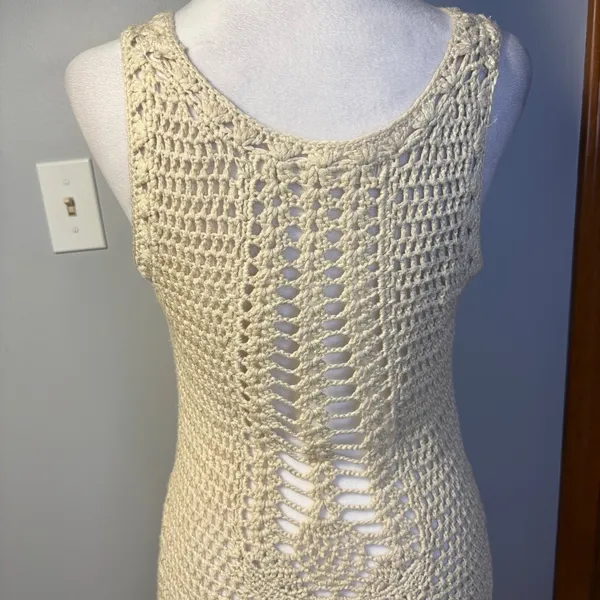 ZARA KNIT Crochet‎ Knit Midi bohemian swim cover Cream Sleeveless V Neck Sheer - Image 7