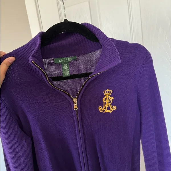 Ralph Lauren Vintage Womens Full Zip Sweater Logo Patch Purple Preppy - Image 6
