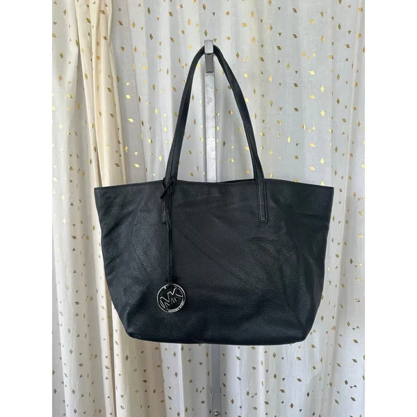 Michael Kors Large Soft Leather Black Snap Button Tote Bag Metal Logo Charm - Image 2