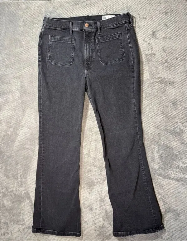 GAP ’70s Flare High Rise Jeans Women’s 31/12R Black Wash Patch Pocket Stretch De - Image 3