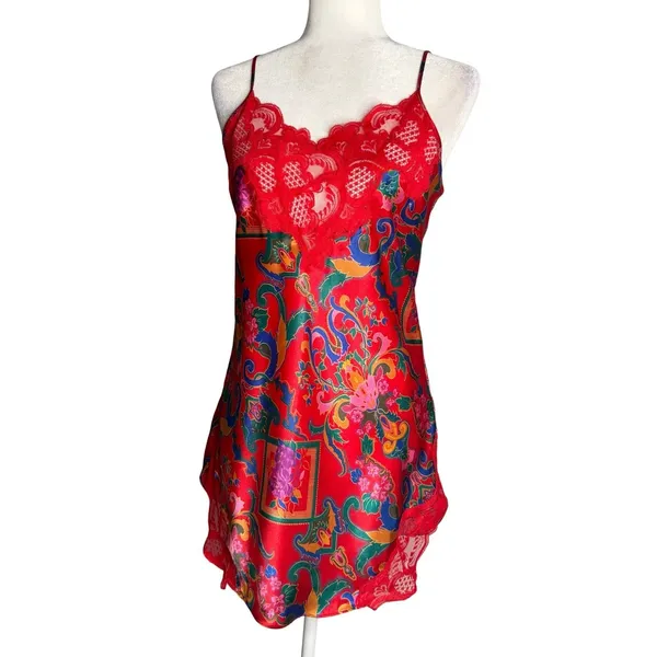 Victoria's Secret Vintage Gold Label Slip Dress Chemise S Red Lace Paisley Satin - Image 2