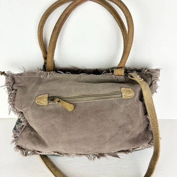 Myra Bag Leather Canvas Fur Shoulder Crossbody Bag Western Boho Aztec Large - Image 2