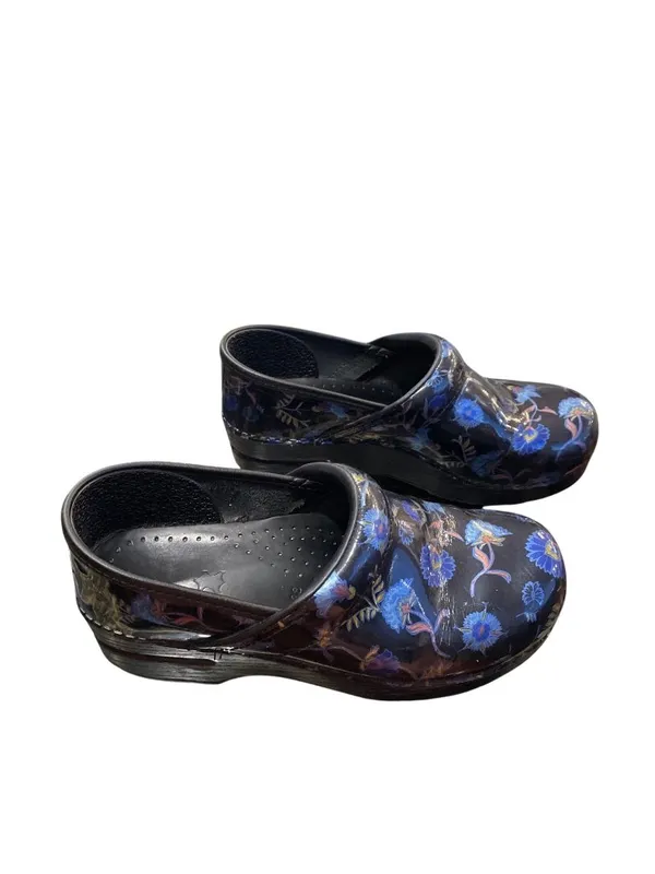 Dansko wms black blue floral leather nursing mules clogs sz 38/7.5-8 SKU 10-213 - Image 3
