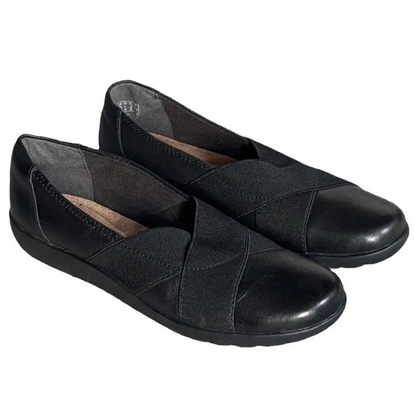 Clarks Collection 8 Medora Jem Black Leather Crisscross Slip On Loafers Flats - Image 2