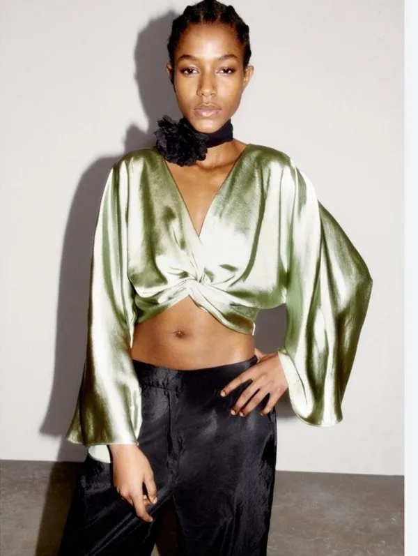 Zara Green Satin Bell Sleeve Crop Blouse with Tie Front - Image 2