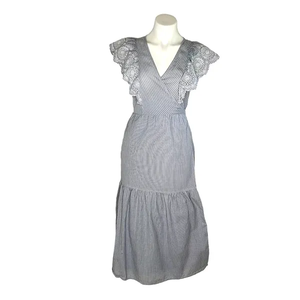 GAP Women's Striped Lace Midi Wrap Dress Tie Waist Flutter Sleeve‎ Blue Size M - Image 2