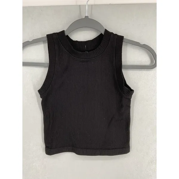 Aura Womens Tank Top Ribbed Seamless Cropped High Neck Black S/M - Image 2