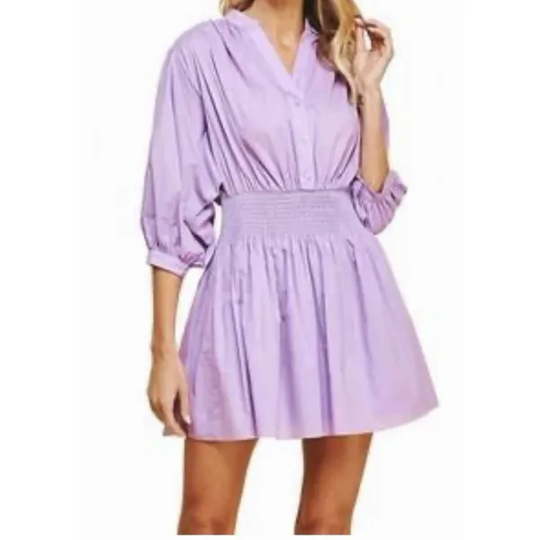 Pinch Mini Dress Womens Med Purple Pleated Puff Sleeve Boho Preppy smocked NWT - Image 2
