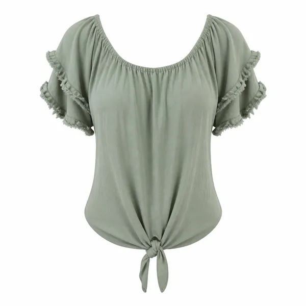 Umgee Sage Green Linen Blend Off The‎ Shoulder Ruffle Fringe Tie Front Top Large - Image 2