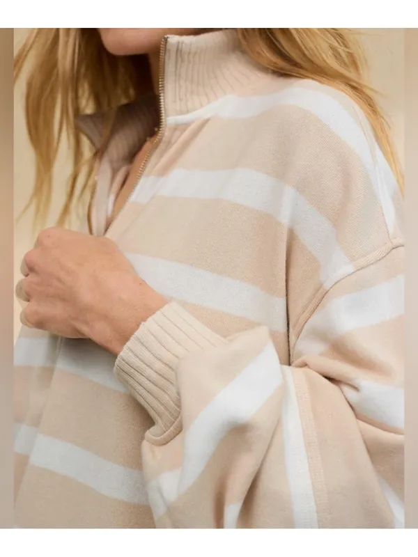 aerie Beige and White Striped Quarter-Zip Sweater - Image 3
