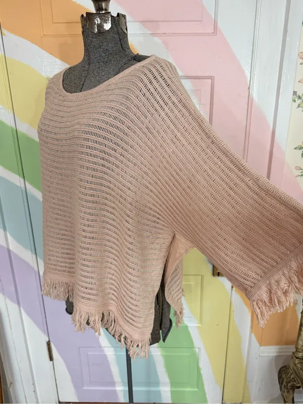 Anthropologie Akemi + Kin Frenchie Cotton Linen Blend Fringe Poncho Sz S 💚🍄 - Image 3