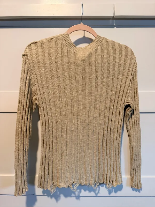 Heyson Distressed Ribbed Knit Sweater Cream Tan Beige Small ESW1084 - Image 5