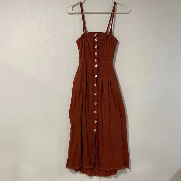 Free People Rust Button Front Midi Dress Boho Cottagecore Sundress - Image 2