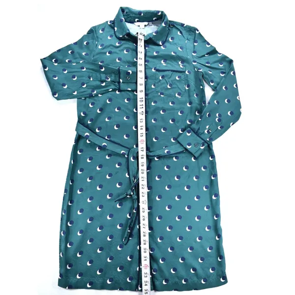 Boden Teal Green Crescent Moon Polka Dot Shirt Dress US 8R Navy Piping Belted - Image 9