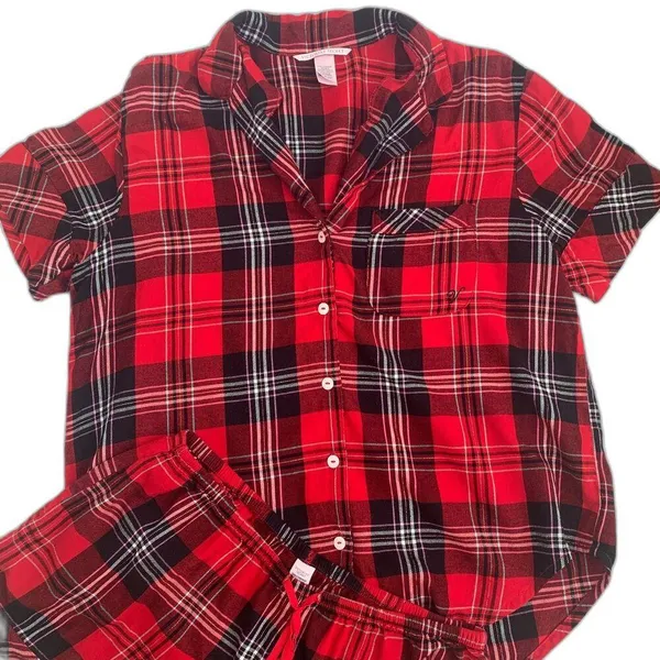 Victoria's Secret 2 piece red plaid tartan short sleeve shirt shorts pajamas XS - Image 8