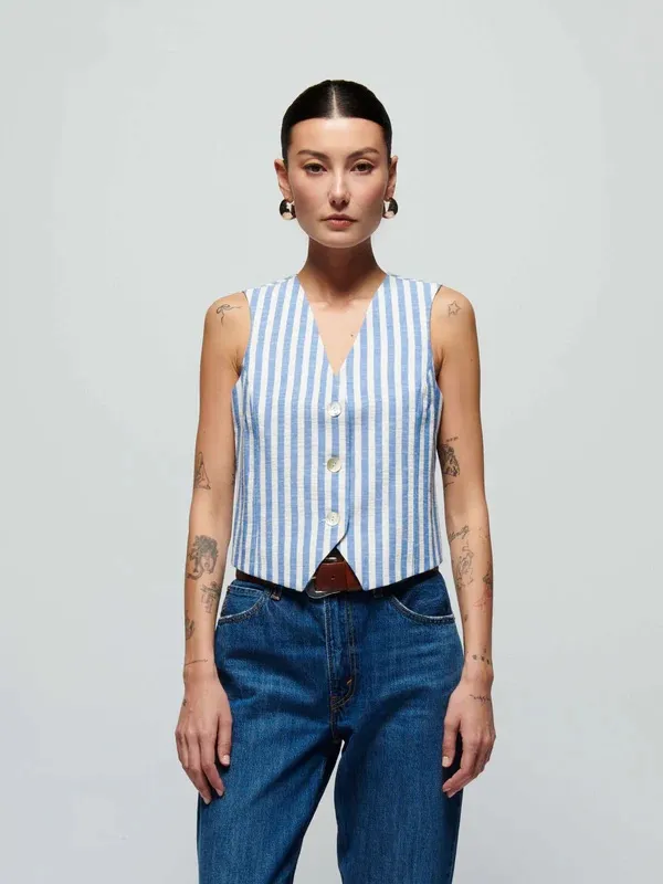Nation Anthropologie, Los Angeles Blue and White Striped Button Vest, Size XS - Image 2