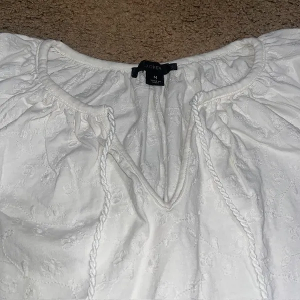 J.Crew Floral Embroidered‎ Tassel Bohemian Peasant Top Balloon Sleeve White M - Image 5