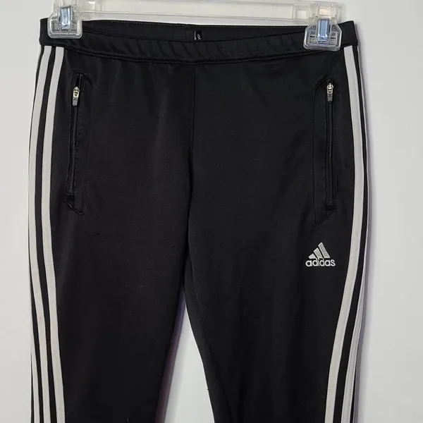 Adidas black track workout pull on three stripe zipper pockets pants sz Small - Image 2