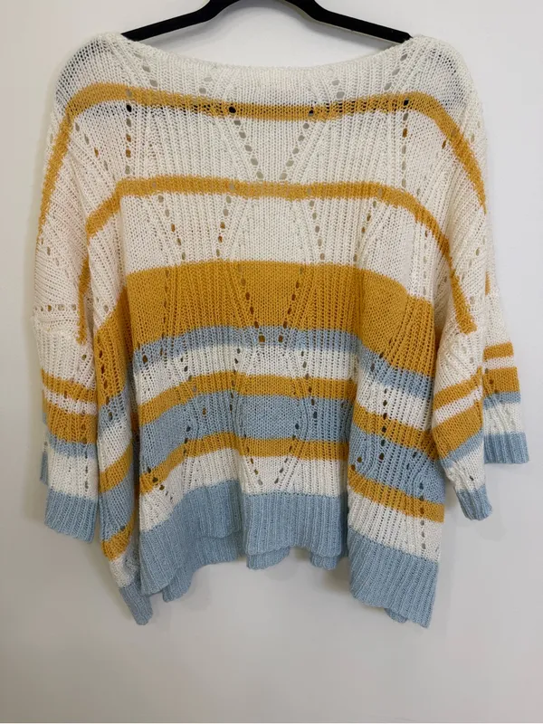POL-Striped V-Neck Knit Sweater in White, Mustard & Light Blue women size M - Image 2