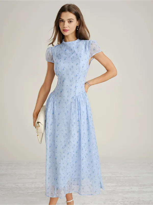 Rihoas Blue Mock Neck Floral Chiffon Maxi Dress - Image 3