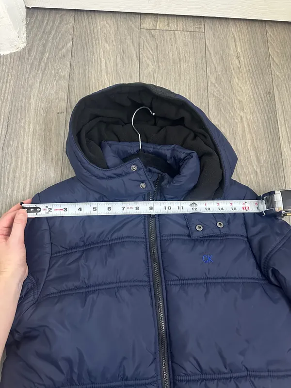 Calvin Klein Navy Blue Puffer Jacket with Hood | Fleece Lined Winter Coat Size L - Image 7
