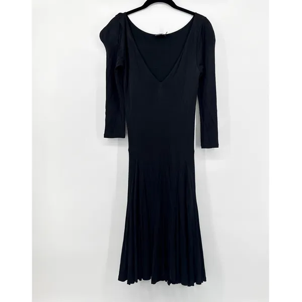 Polo Ralph Lauren Black Viscose Drop Waist Pleated Dress V-Neck‎ Long Sleeve SM - Image 2